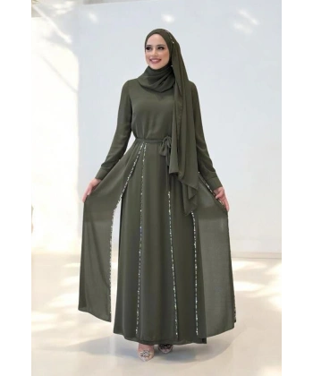 Taş Detaylı  Elbise ŞAL HEDİYE   3953 Haki