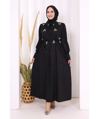 Taş Detaylı Jakar Elbise 3924 Siyah