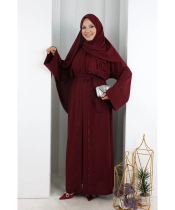 Taş Detaylı Şallı Abaya 7096 Bordo
