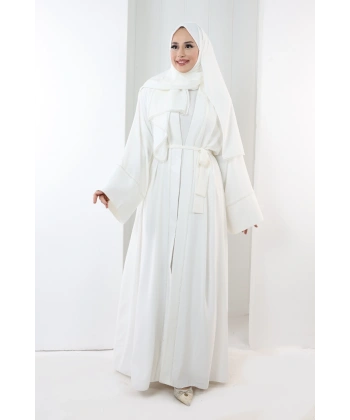Taş Detaylı Şallı Abaya 7096 Ekru