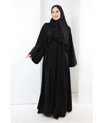 Taş Detaylı Şallı Abaya 7096 Siyah