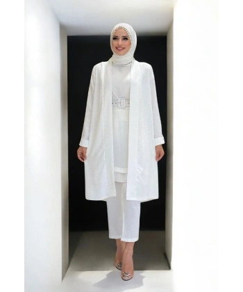 Taş Detaylı Uzun Ceket Pantolon İkili Takım 8683 Ekru