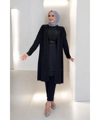 Taş Detaylı Uzun Ceket Pantolon İkili Takım 8683 Siyah