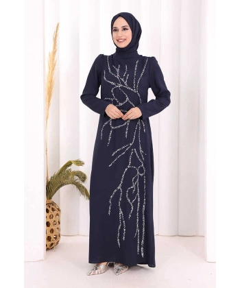 Taş İşleme Desenli Elbise 3889 Lacivert