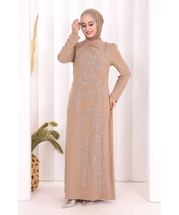 Taş İşleme Desenli Elbise 3889 Vizon