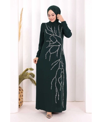 Taş İşleme Desenli Elbise 3889 Zümrüt