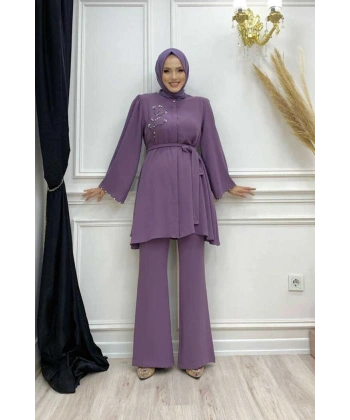 Taş İşleme Detaylı Kuşaklı Tunik ve Pantolonlu Takım 8432 Lila