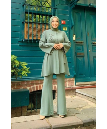 Taş İşleme Detaylı Kuşaklı Tunik ve Pantolonlu Takım 8432 Mint