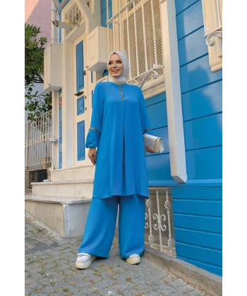 Taş İşleme Detaylı Pantolonlu Tunik Takım 8464 Mavi