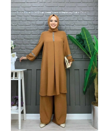 Taş İşleme Detaylı Pantolonlu Tunik Takım 8464 Taba