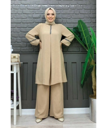 Taş İşleme Detaylı Pantolonlu Tunik Takım 8464 Taş