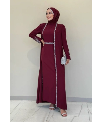 Taş İşleme Detaylı Yelekli Elbise Takım 3838 Bordo