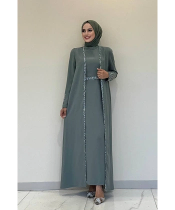 Taş İşleme Detaylı Yelekli Elbise Takım 3838 Mint