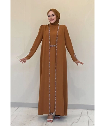 Taş İşleme Detaylı Yelekli Elbise Takım 3838 Taba