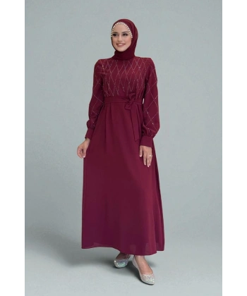Taş İşlemeli Kuşaklı Elbise 3830 Bordo