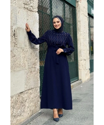 Taş İşlemeli Kuşaklı Elbise 3830 Lacivert
