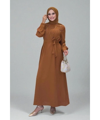 Taş İşlemeli Kuşaklı Elbise 3830 Taba