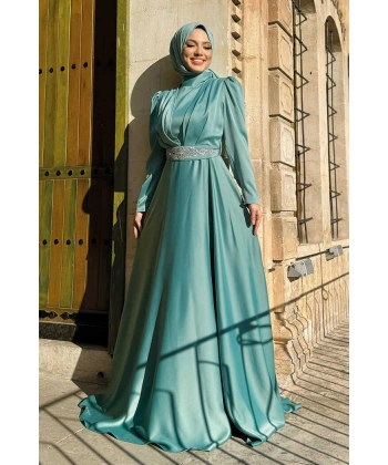 Taşlı Kemer Akseuarlı Saten Abiye Elbise 3863 Mint