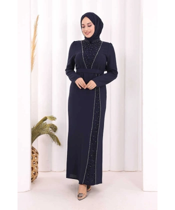 Taşlı Krep Dantel Elbise 3870 Lacivert