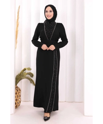 Taşlı Krep Dantel Elbise 3870 Siyah