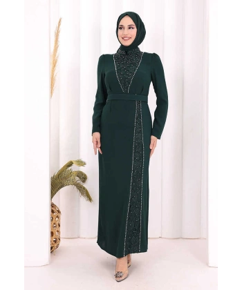 Taşlı Krep Dantel Elbise 3870 Zümrüt