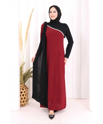 Tek Omuz Fiyonk Apoletli Çift Renk Elbise 3862 Bordo