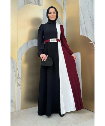 Üç Renkli Bel Kemer Pilise Detay Elbise 3622 Bordo