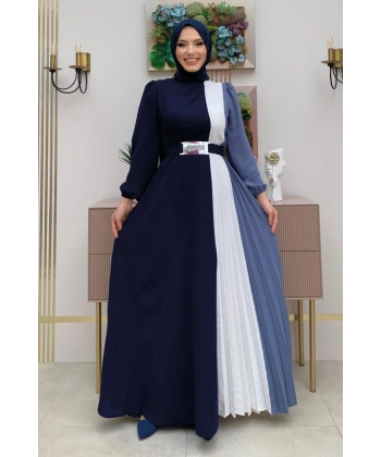 Üç Renkli Bel Kemer Pilise Detay Elbise 3622 Lacivert