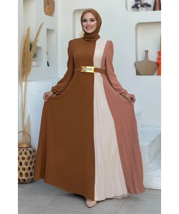 Üç Renkli Bel Kemer Pilise Detay Elbise 3622 Taba