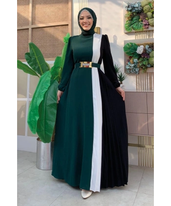 Üç Renkli Bel Kemer Pilise Detay Elbise 3622 Zümrüt