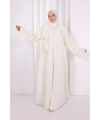 Üçlü Dantelli Abayalı Takım 6089 Ekru