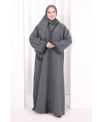 Üçlü Dantelli Abayalı Takım 6089 Füme