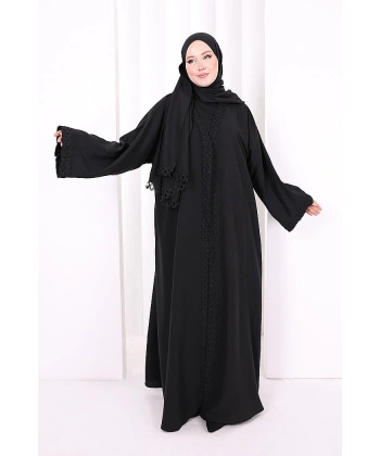 Üçlü Dantelli Abayalı Takım 6089 Siyah