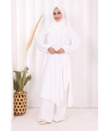 Umre Dubai Tunik Pantolon Takım ŞAL HEDİYE  8003 Ekru