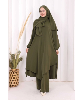 Umre Dubai Tunik Pantolon Takım ŞAL HEDİYE  8003 Haki