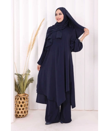 Umre Dubai Tunik Pantolon Takım ŞAL HEDİYE  8003 Lacivert