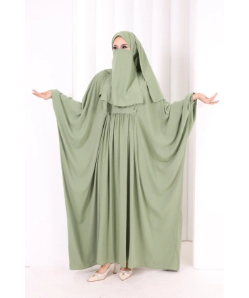 Umre Yarasakol Belden Kuşaklı Peçeli, Şallı Elbise 6038 Mint