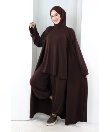 Uzun Hırkalı Üçlü Takım 8713 Kahverengi