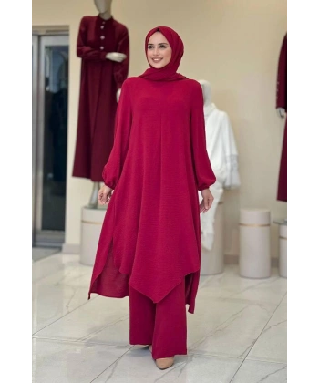 Verevli Tunik, Pantolon Takım Şal  HEDİYE   3937 Bordo