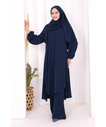 Verevli Tunik, Pantolon Takım Şal  HEDİYE   3937 Lacivert