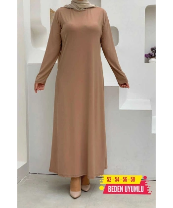 XXL Büyük Beden Düz Bisklet Yaka Uzun Kol İç Sandy Elbise 3202-3 Taba