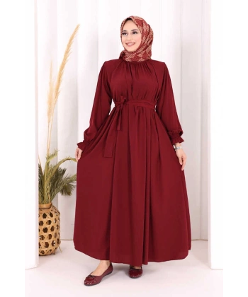 Yaka ve Kol Manşetleri Büzgü Görünümlü Kuşaklı Elbise 6014 Bordo