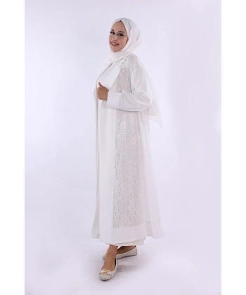Yakalı Dantel Güpür Detay Abaya 7830 Ekru