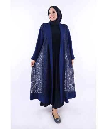 Yakalı Dantel Güpür Detay Abaya 7830 Lacivert