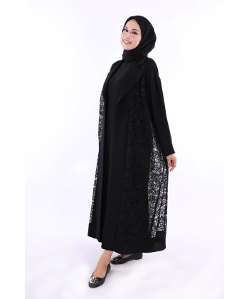 Yakalı Dantel Güpür Detay Abaya 7830 Siyah