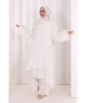 Yandan Bağlamalı Tunik Pantolon Takım 8008 Ekru