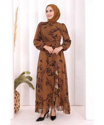 Yaprak Desen Fırfır Detay Şifon Elbise 3842 Taba