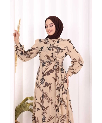 Yaprak Desen Fırfır Detay Şifon Elbise 3842 Taş