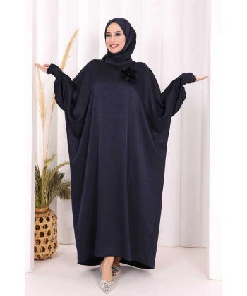 Yarasa Kol Saten Elbise  ŞAL  HEDİYE 7054 Lacivert