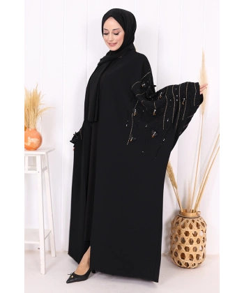 Yarasakol İşleme Detaylı Abaya 70012 Siyah-Gold